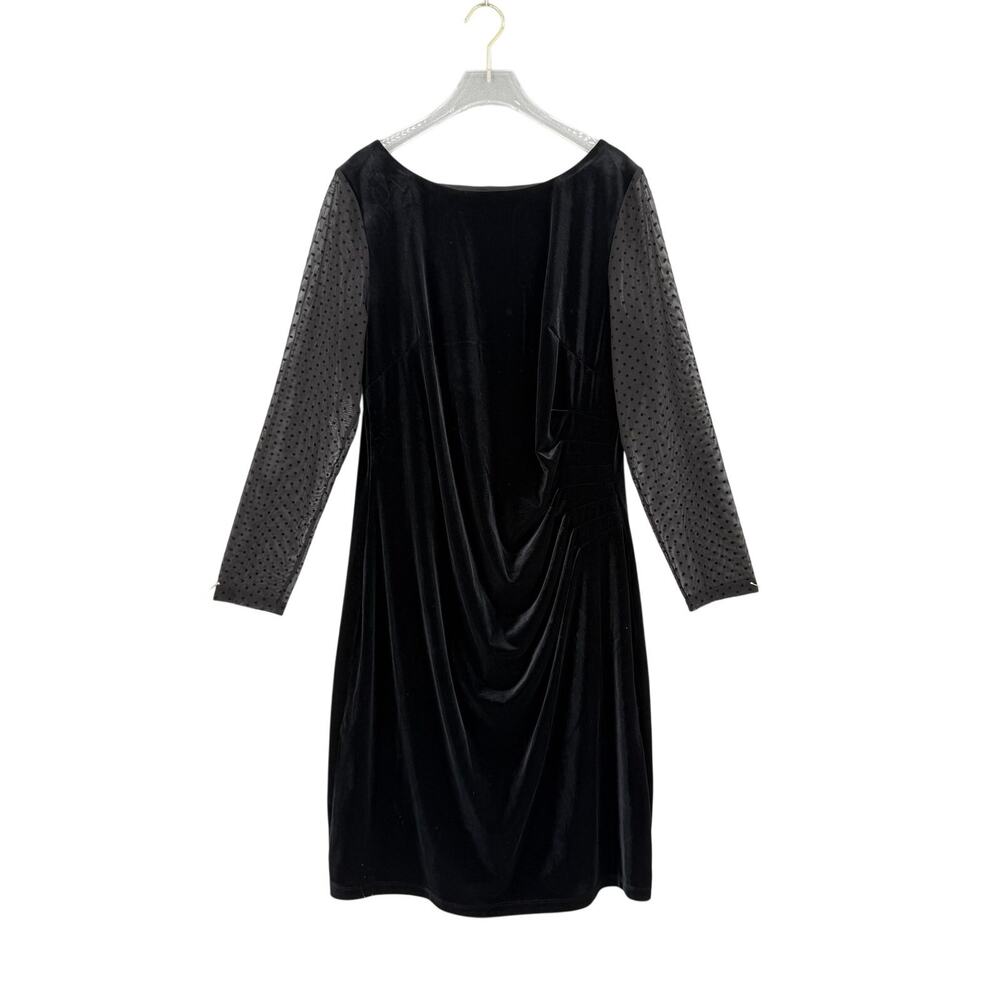 Anne Klein Black Velvet Polka Dot Mesh Ruched Holiday Party Chic Cocktail Dress